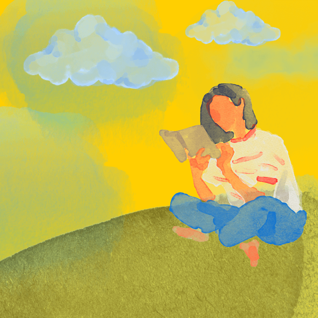 Decorative: a watercolour scene of a girl sitting crosslegged on a hill and reading.