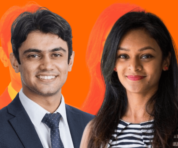 Image of two of the South Asians profiled in the piece. From left to right: Khushaal Vyas of Desis for Yes, Kersherka Sivakumaran of South Asians for Voice.